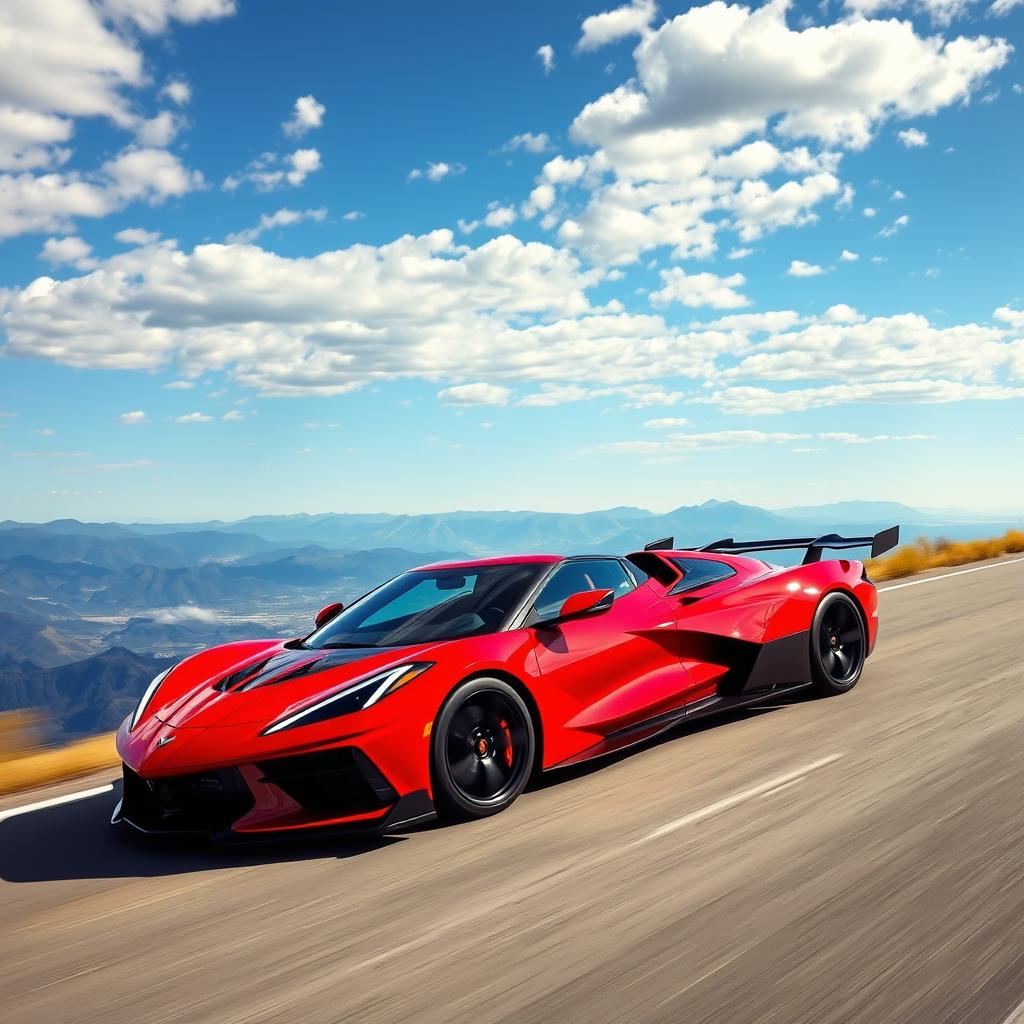 An exhilarating fusion of a Corvette C8 and an SSC Tuatara, painted in a striking red, cruising along a scenic route