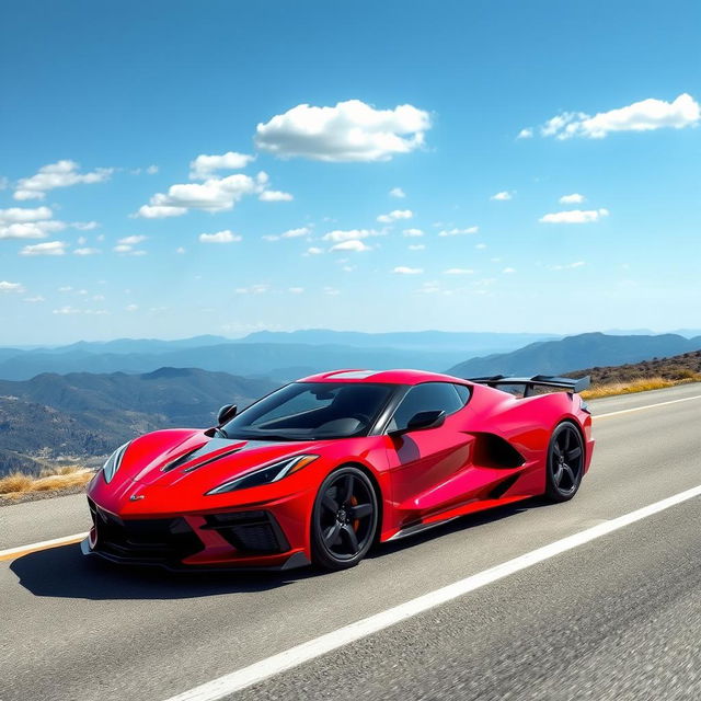 An exhilarating fusion of a Corvette C8 and an SSC Tuatara, painted in a striking red, cruising along a scenic route