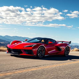 An exhilarating fusion of a Corvette C8 and an SSC Tuatara, painted in a striking red, cruising along a scenic route