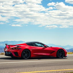 An exhilarating fusion of a Corvette C8 and an SSC Tuatara, painted in a striking red, cruising along a scenic route