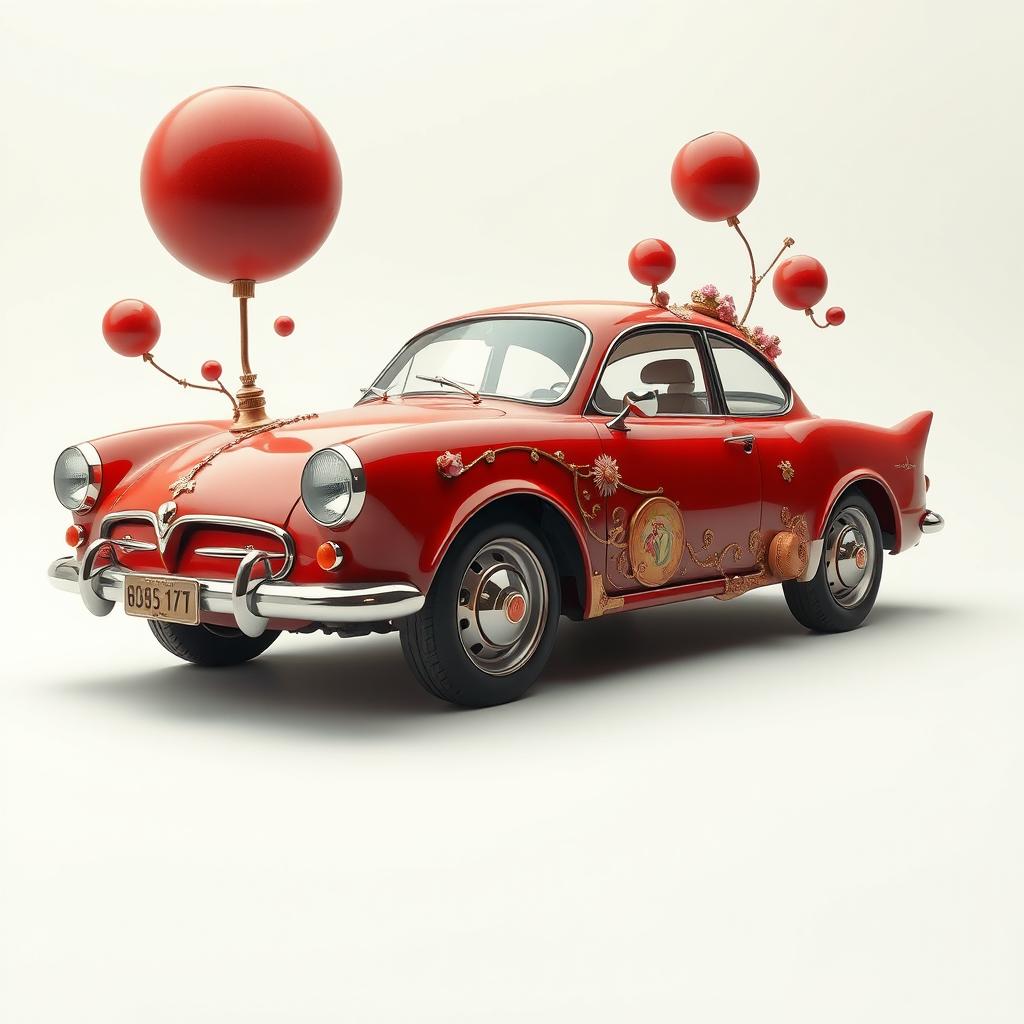 Surreal cherry-colored car fully depicted from left to right