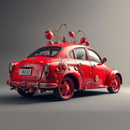 Surreal cherry-colored car fully depicted from left to right