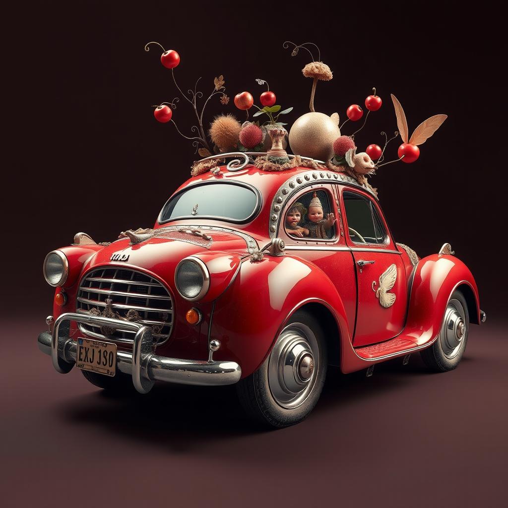 Surreal cherry-colored car fully depicted from left to right