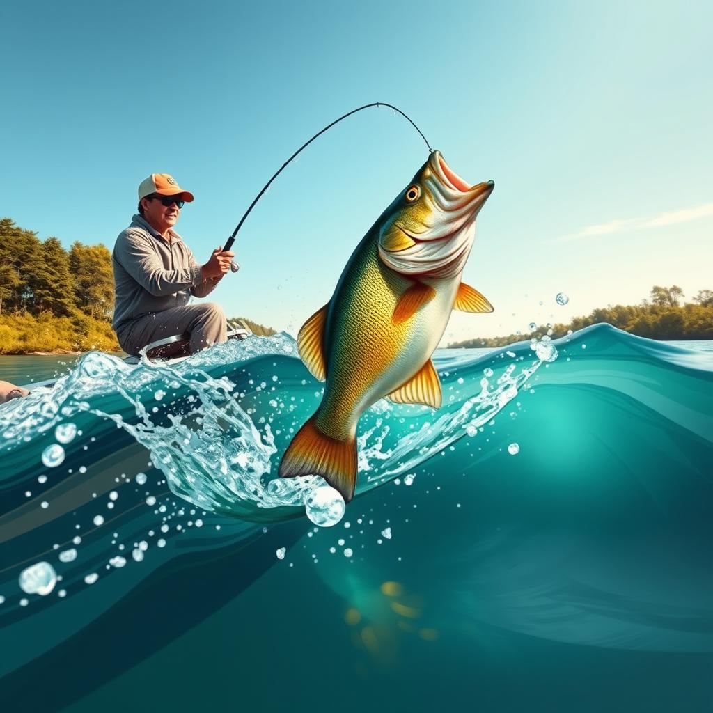 A fisherman man skillfully casting from a boat, capturing the exciting moment as a bass leaps from the water, hooked