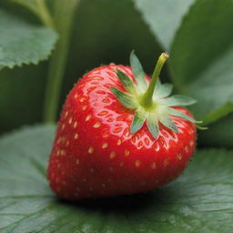 A ripe strawberry, its surface a glossy red and speckled with minute white seeds. It's sitting on a stark white surface, its vibrant green leaves serving as a striking contrast.