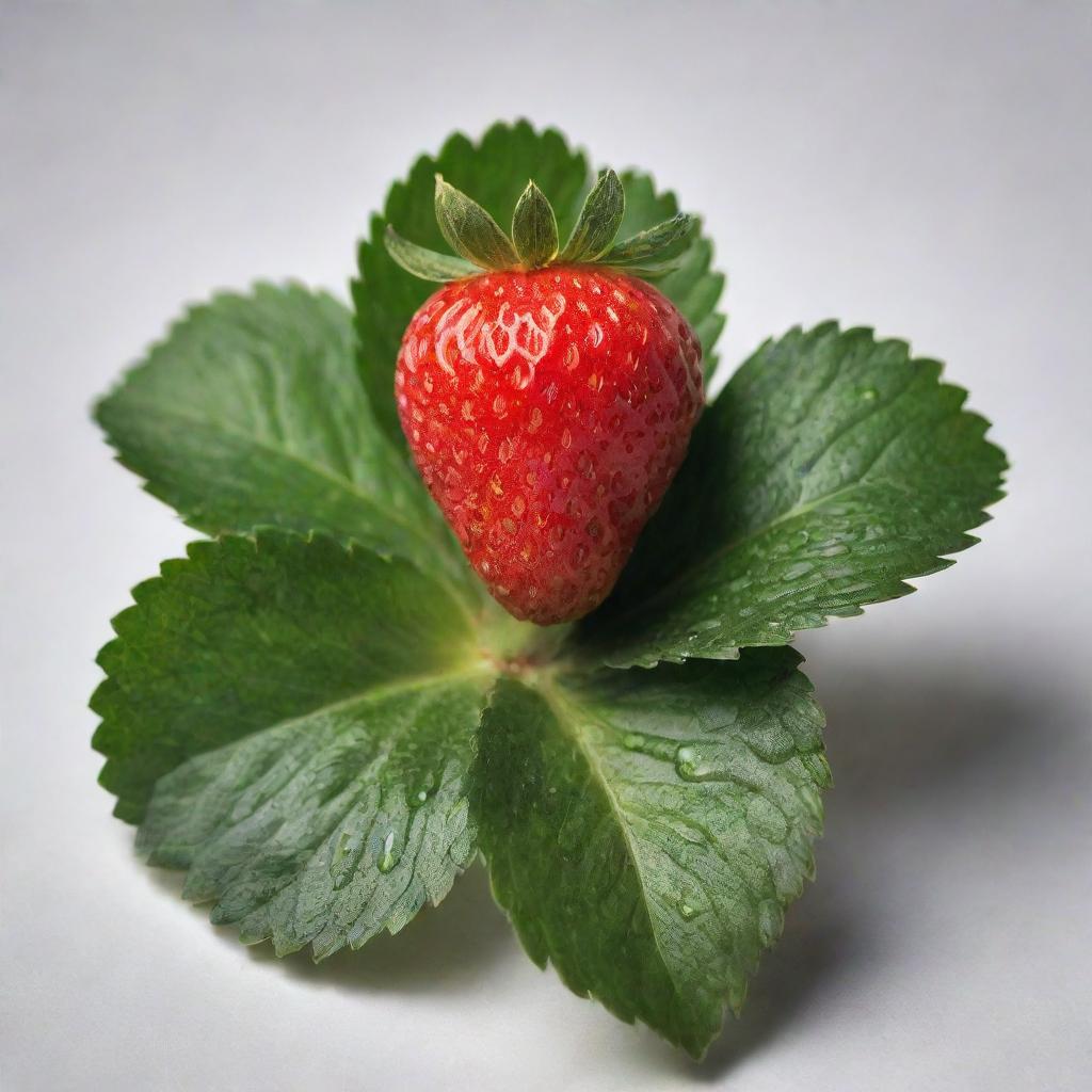 A ripe strawberry, its surface a glossy red and speckled with minute white seeds. It's sitting on a stark white surface, its vibrant green leaves serving as a striking contrast.