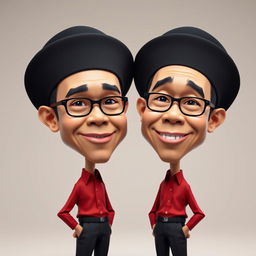 A 3D hyper-realistic caricature of two Indonesian men wearing black peci hats