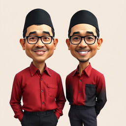 A 3D hyper-realistic caricature of two Indonesian men wearing black peci hats