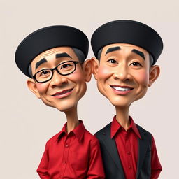 A 3D hyper-realistic caricature of two Indonesian men wearing black peci hats