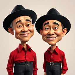 A 3D hyper-realistic caricature of two Indonesian men wearing black peci hats