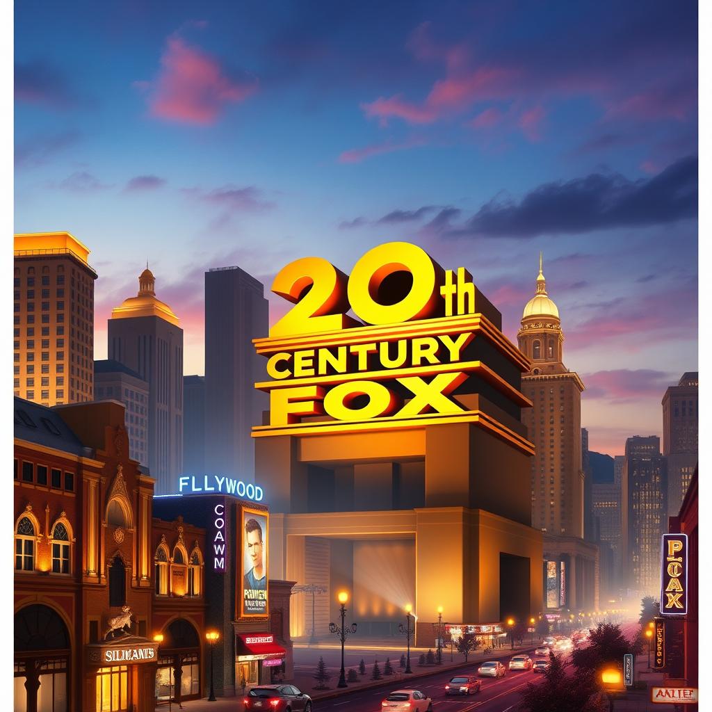 Design a fictional city inspired by the grandeur of the 20th Century Fox logo, where the skyline is dominated by Art Deco architecture