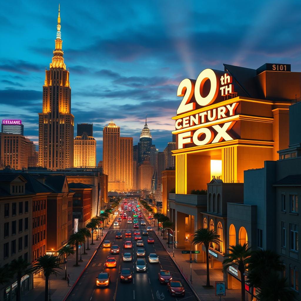 Design a fictional city inspired by the grandeur of the 20th Century Fox logo, where the skyline is dominated by Art Deco architecture