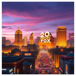 Design a fictional city inspired by the grandeur of the 20th Century Fox logo, where the skyline is dominated by Art Deco architecture