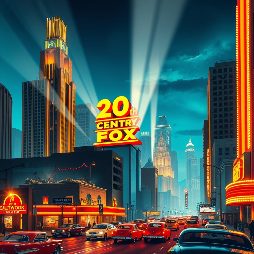 Design a vibrant city inspired by the iconic style of the 20th Century Fox logo, with imposing skyscrapers in an elegant Art Deco style dominating the skyline