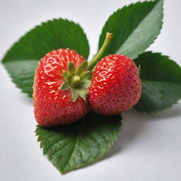 A ripe strawberry, its surface a glossy red and speckled with minute white seeds. It's sitting on a stark white surface, its vibrant green leaves serving as a striking contrast.