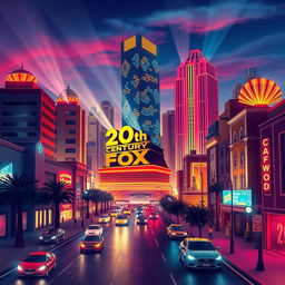 Design a vibrant city inspired by the iconic style of the 20th Century Fox logo, with imposing skyscrapers in an elegant Art Deco style dominating the skyline