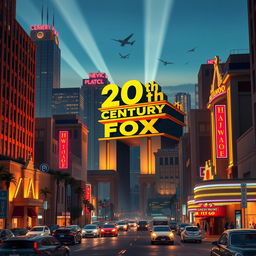 Design a vibrant city inspired by the iconic style of the 20th Century Fox logo, with imposing skyscrapers in an elegant Art Deco style dominating the skyline