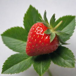 A ripe strawberry, its surface a glossy red and speckled with minute white seeds. It's sitting on a stark white surface, its vibrant green leaves serving as a striking contrast.