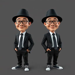 3D hyper-realistic caricature of two Indonesian men wearing black peci hats, suits and ties, and formal trousers