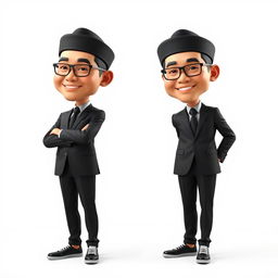 3D hyper-realistic caricature of two Indonesian men wearing black peci hats, suits and ties, and formal trousers