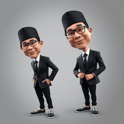 3D hyper-realistic caricature of two Indonesian men wearing black peci hats, suits and ties, and formal trousers