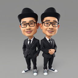 3D hyper-realistic caricature of two Indonesian men wearing black peci hats, suits and ties, and formal trousers