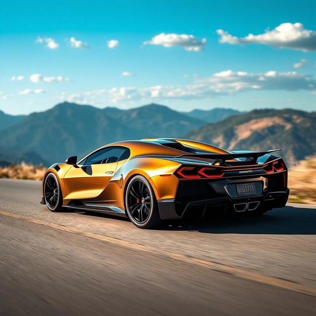 An extraordinary amalgamation of a Corvette C8 and a Bugatti Bolide, painted in a luxurious dark gold hue, driving smoothly along a scenic path