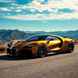 An extraordinary amalgamation of a Corvette C8 and a Bugatti Bolide, painted in a luxurious dark gold hue, driving smoothly along a scenic path