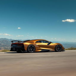 An extraordinary amalgamation of a Corvette C8 and a Bugatti Bolide, painted in a luxurious dark gold hue, driving smoothly along a scenic path