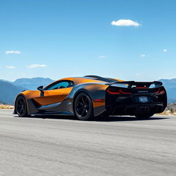 An extraordinary amalgamation of a Corvette C8 and a Bugatti Bolide, painted in a luxurious dark gold hue, driving smoothly along a scenic path