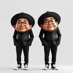 3D hyper-realistic caricature of two Indonesian men wearing black peci hats, suits and ties, and formal trousers