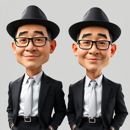 3D hyper-realistic caricature of two Indonesian men wearing black peci hats, suits and ties, and formal trousers