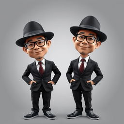 3D hyper-realistic caricature of two Indonesian men wearing black peci hats, suits and ties, and formal trousers