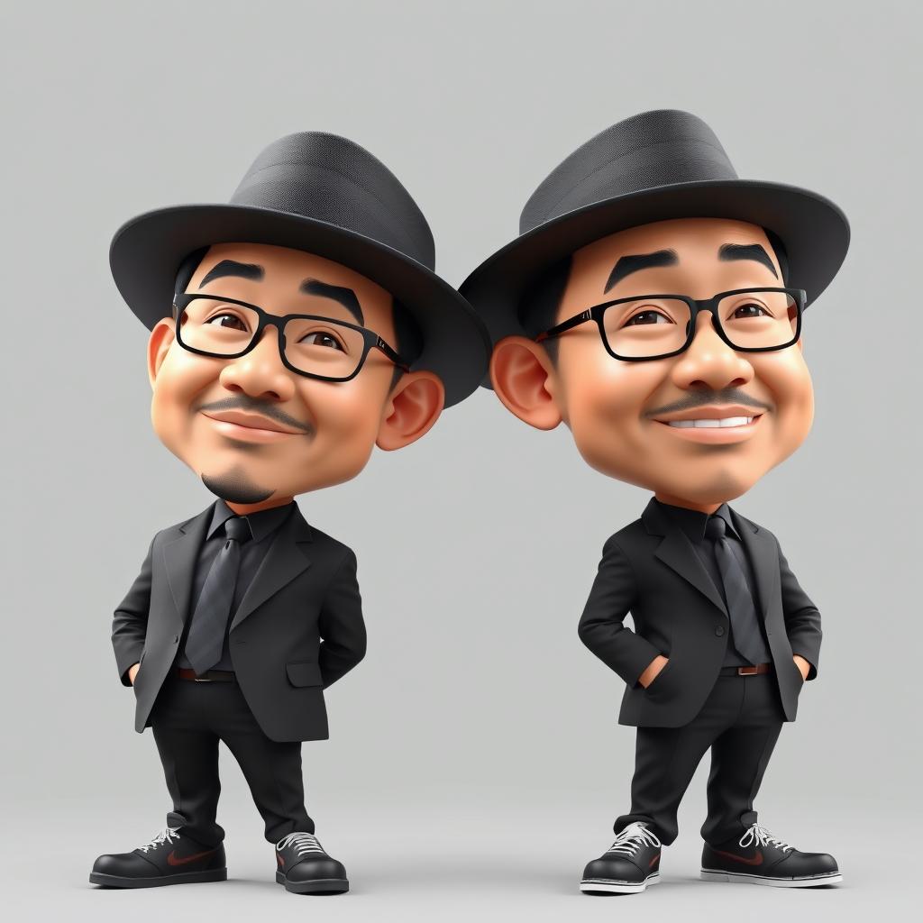 3D hyper-realistic caricature of two Indonesian men wearing black peci hats, suits and ties, and formal trousers