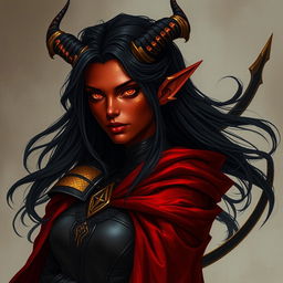 A regal Tiefling sorceress with dusky crimson skin adorned with faint patches of golden scales on her arms and shoulders