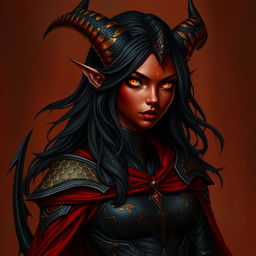 A regal Tiefling sorceress with dusky crimson skin adorned with faint patches of golden scales on her arms and shoulders