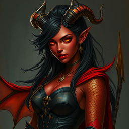 A regal Tiefling sorceress with dusky crimson skin adorned with faint patches of golden scales on her arms and shoulders