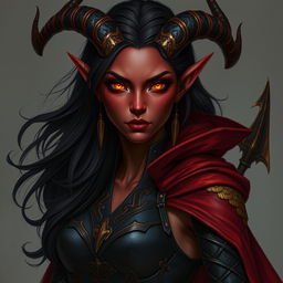 A regal Tiefling sorceress with dusky crimson skin adorned with faint patches of golden scales on her arms and shoulders