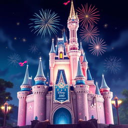 Create an enchanting illustration of the Disney 100th Anniversary castle, highlighting its fairytale essence with a touch of celebratory grandeur