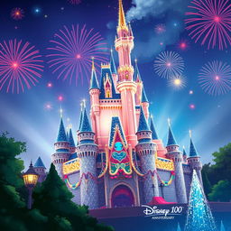 Create an enchanting illustration of the Disney 100th Anniversary castle, highlighting its fairytale essence with a touch of celebratory grandeur