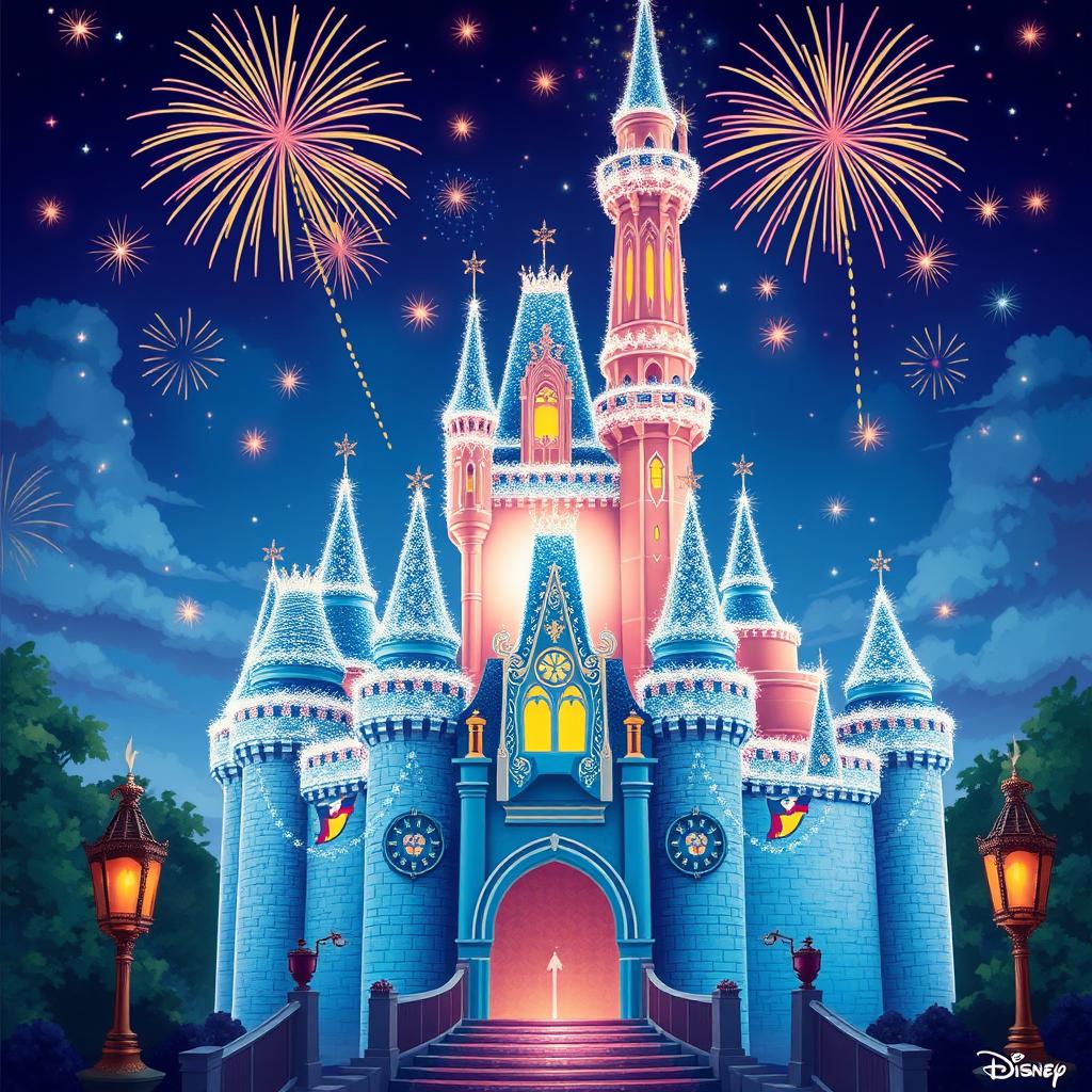 Create an enchanting illustration of the Disney 100th Anniversary castle, highlighting its fairytale essence with a touch of celebratory grandeur