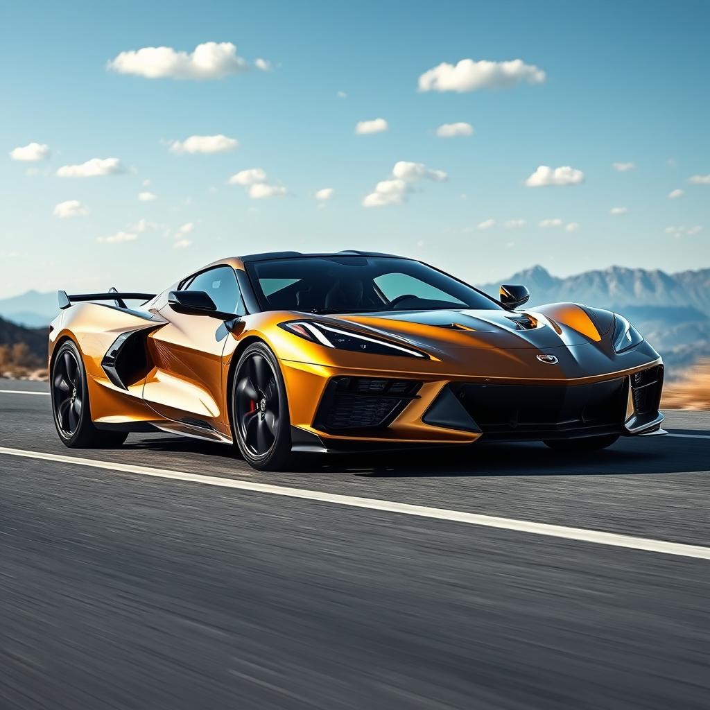 An innovative blend of a Corvette C8 and a Cadillac V-LMDh, painted in a rich dark gold, cruising along a scenic road