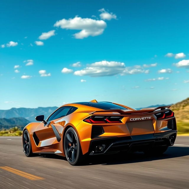 An innovative blend of a Corvette C8 and a Cadillac V-LMDh, painted in a rich dark gold, cruising along a scenic road