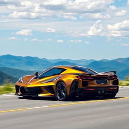 An innovative blend of a Corvette C8 and a Cadillac V-LMDh, painted in a rich dark gold, cruising along a scenic road