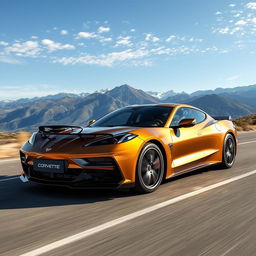 A remarkable fusion of a Corvette C8 and a Porsche Panamera, resulting in a sleek 4-door sedan, painted in a sophisticated dark gold