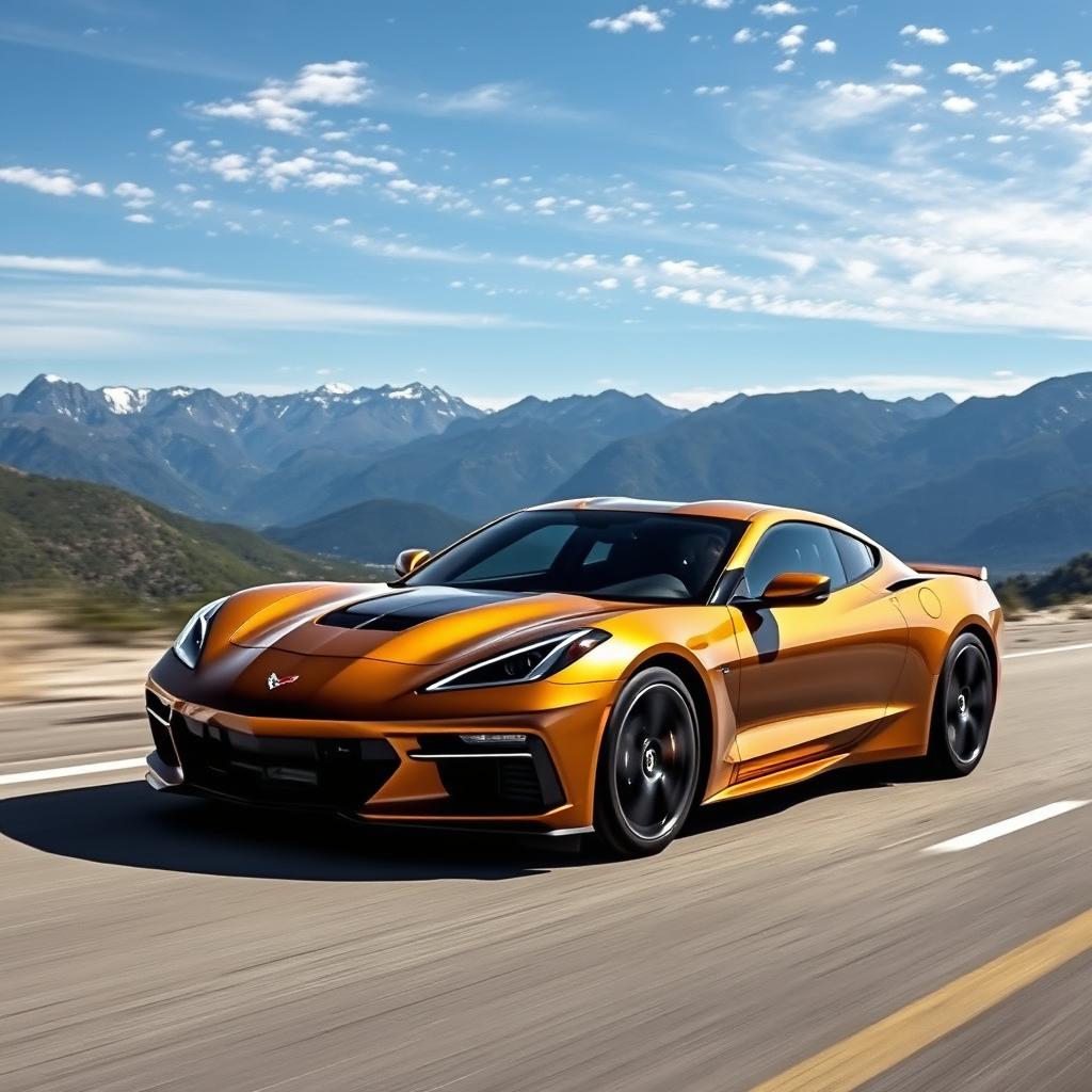 A remarkable fusion of a Corvette C8 and a Porsche Panamera, resulting in a sleek 4-door sedan, painted in a sophisticated dark gold