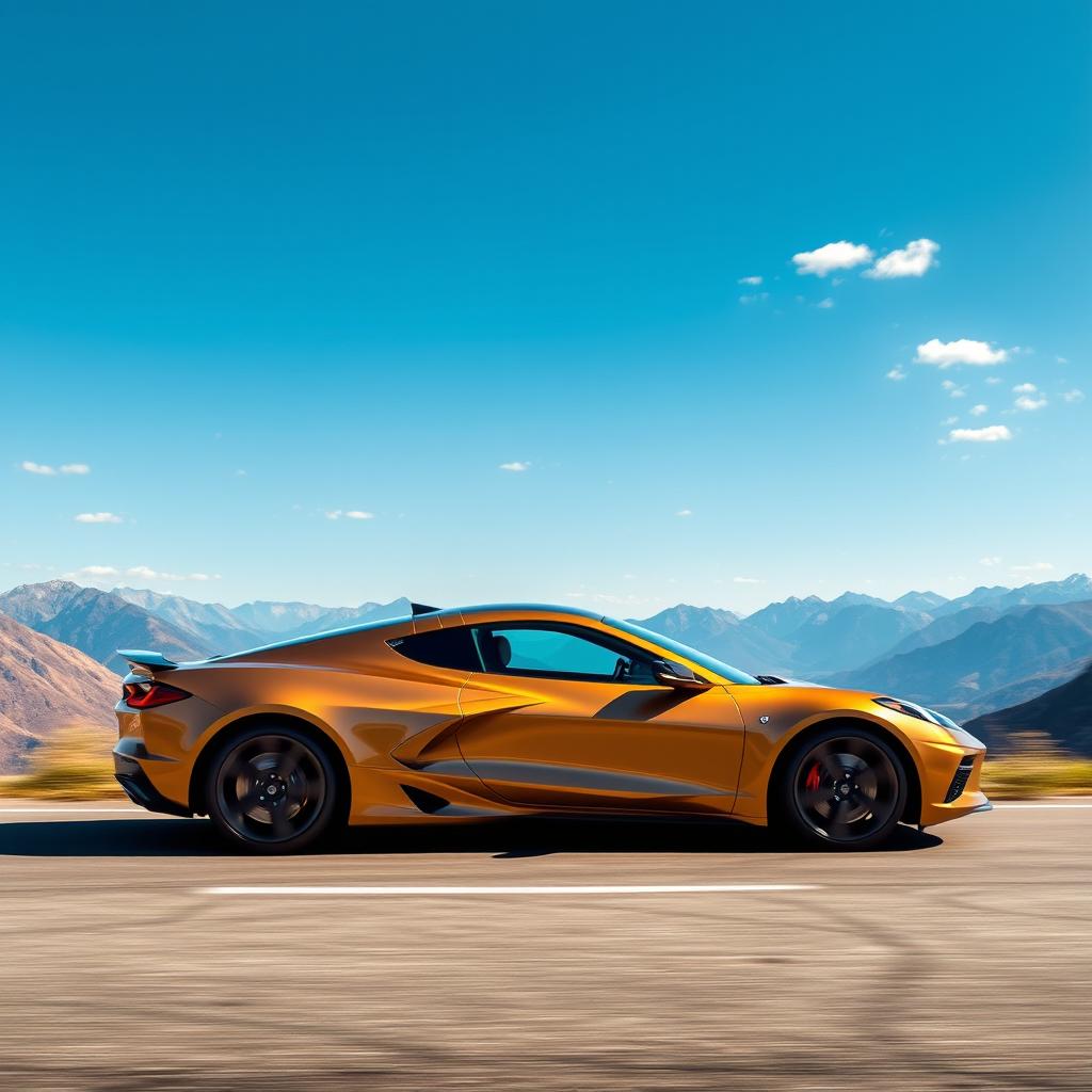 A striking fusion of a Corvette C8 and a Tesla Model 3, resulting in an elegant 4-door sedan with a luxurious dark gold finish