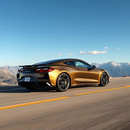 A striking fusion of a Corvette C8 and a Tesla Model 3, resulting in an elegant 4-door sedan with a luxurious dark gold finish