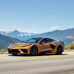 A striking fusion of a Corvette C8 and a Tesla Model 3, resulting in an elegant 4-door sedan with a luxurious dark gold finish