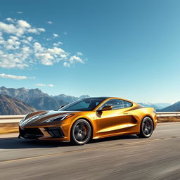 A striking fusion of a Corvette C8 and a Tesla Model 3, resulting in an elegant 4-door sedan with a luxurious dark gold finish